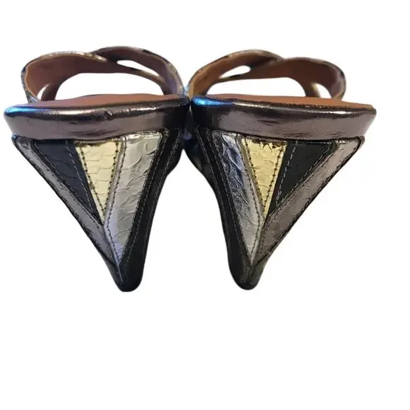 Beverly Feldman Metallic Gold Silver Wedge Peep Toe Sandals Shoes 7M - Picture 5 of 8